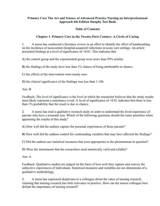 Test Bank Primary Care: The Art and Science of Advanced Practice Nursing – an Interprofessional Approach 6th Edition by Dunphy