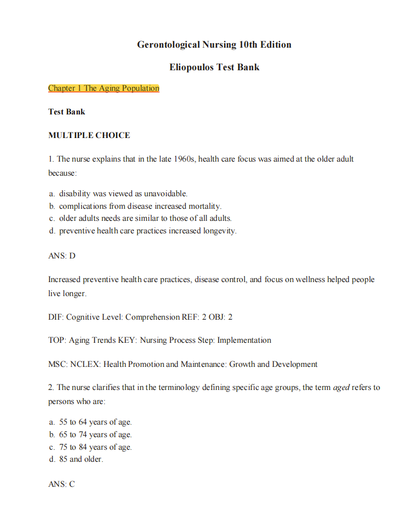 Test Bank Gerontological Nursing 10th Edition by Charlotte Eliopoulos