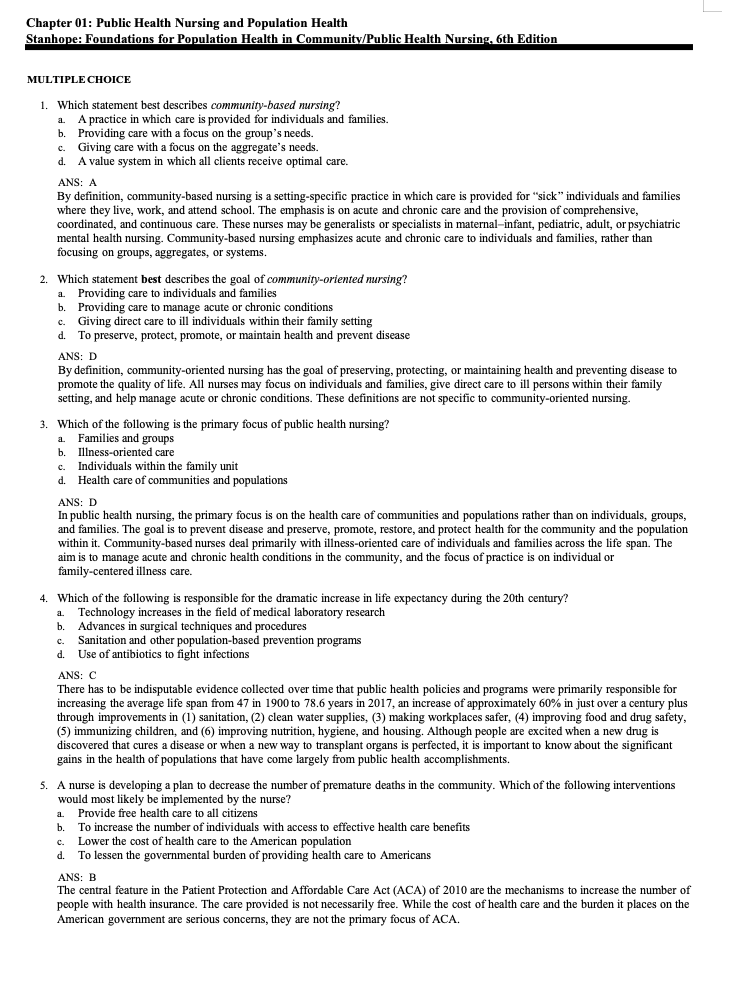 Test Bank Foundations for Population Health in Community Public Health Nursing 6th Edition by Stanhope