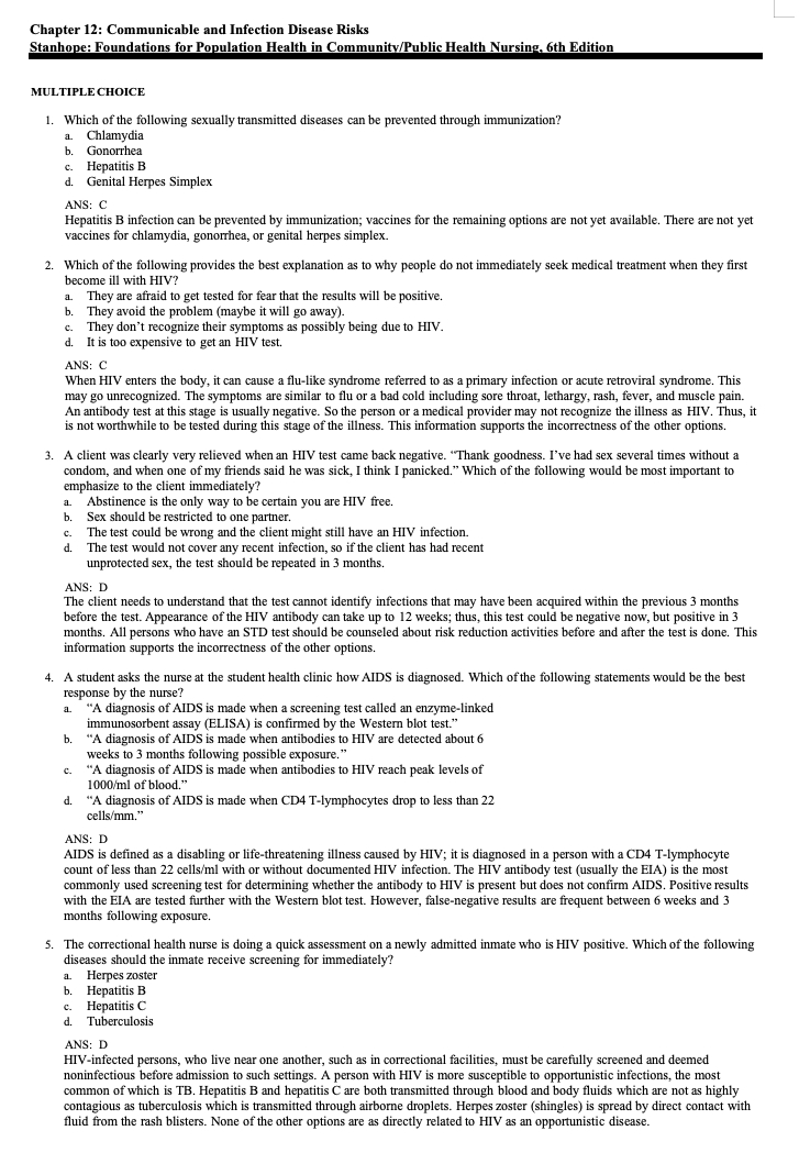 Test Bank Foundations for Population Health in Community Public Health Nursing 6th Edition by Stanhope