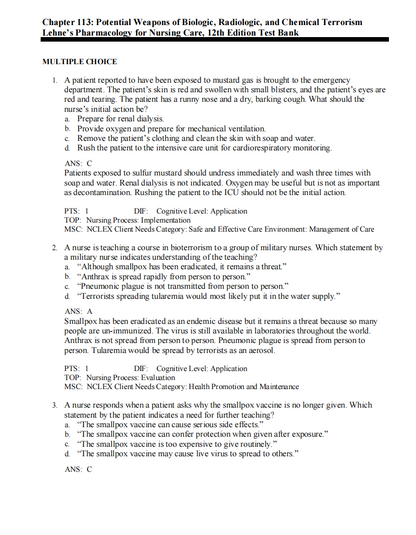 Test Bank Lehne’s Pharmacology for Nursing Care 12th Edition