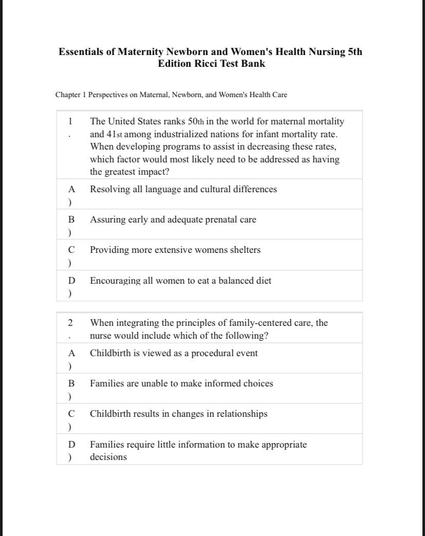Test Bank Essentials of Maternity, Newborn and Women's Health Nursing 5th Edition by Ricci
