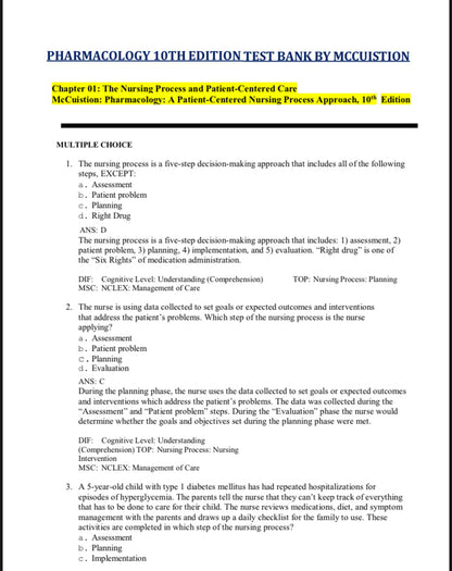 Test Bank Pharmacology: A Patient-Centered Nursing Process Approach 10th Edition by McCuistion